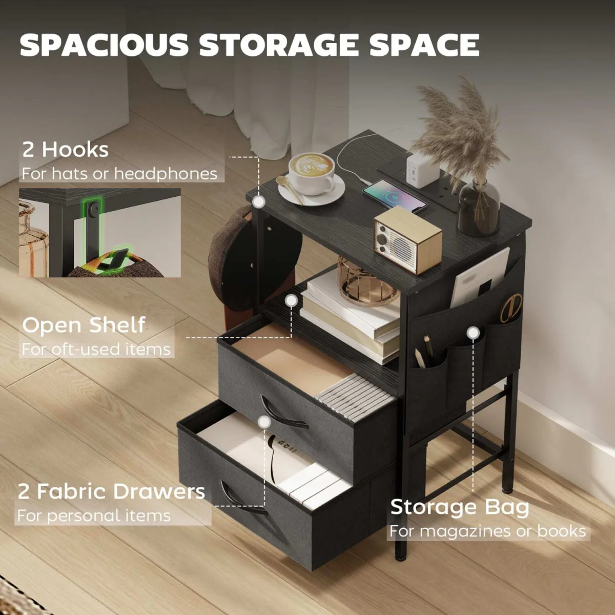 Pado Black Bedside Table with Integrated Charging Station and Fabric Drawers – image 2