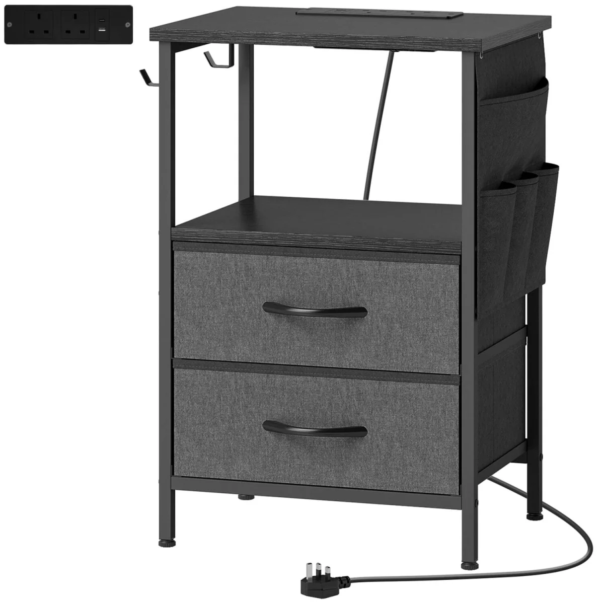 Pado Black Bedside Table with Integrated Charging Station and Fabric Drawers – image 3