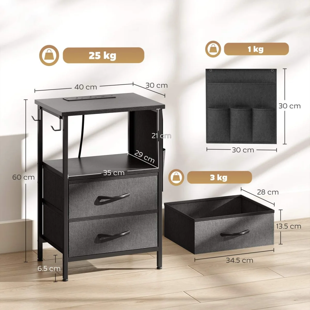 Pado Black Bedside Table with Integrated Charging Station and Fabric Drawers – image 4