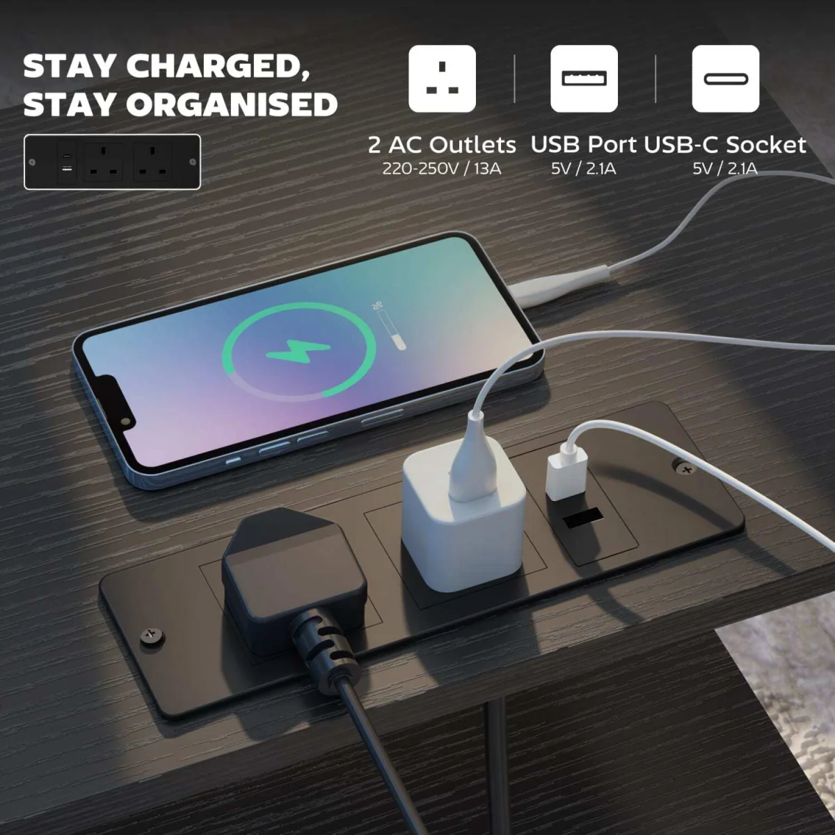 Pado Black Bedside Table with Integrated Charging Station and Fabric Drawers – image 6