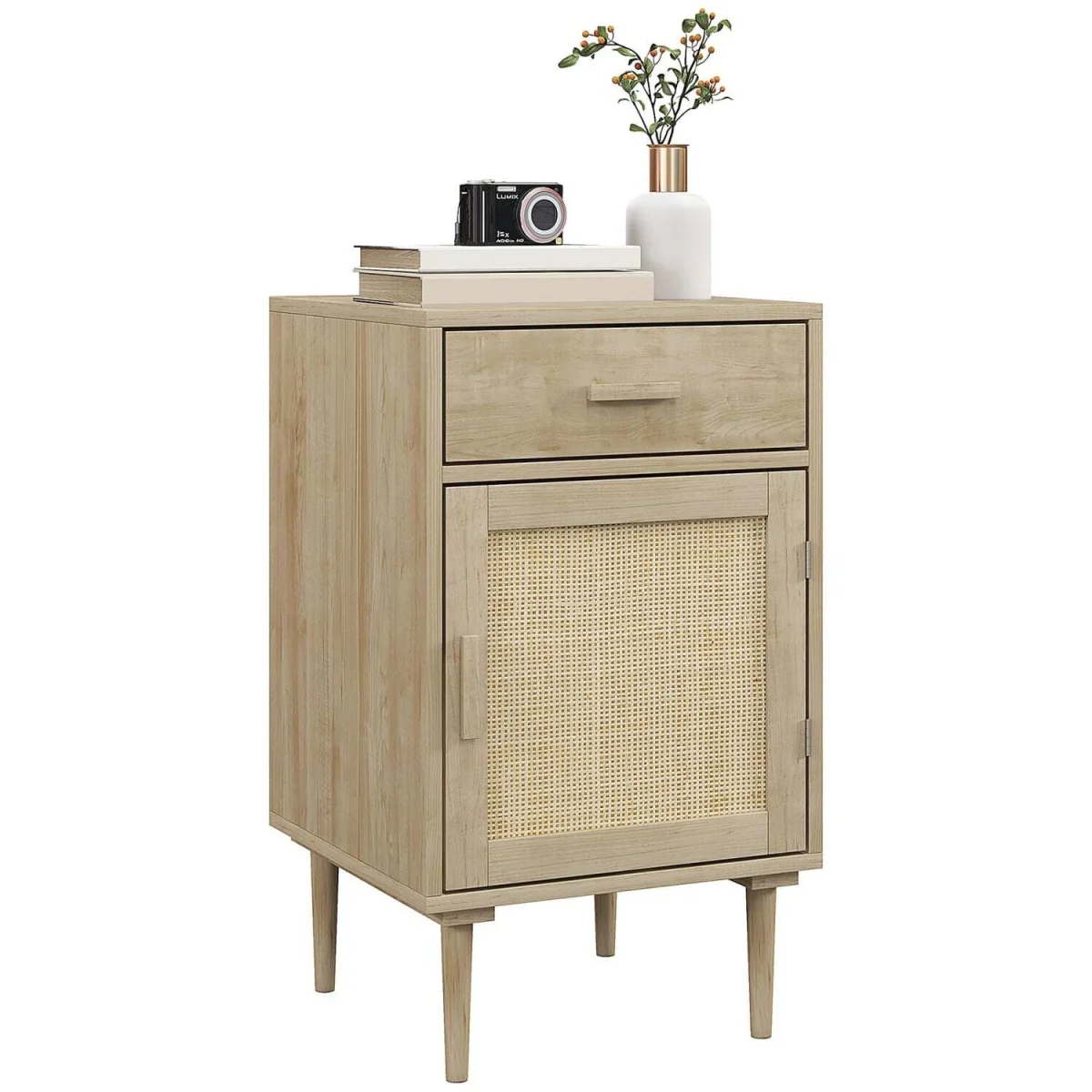 Basose Natural Wood Effect Rattan Bedside Table With Drawer And Door – image 2