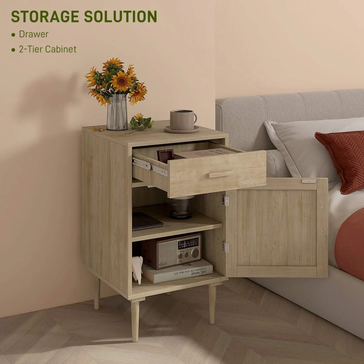 Basose Natural Wood Effect Rattan Bedside Table With Drawer And Door – image 5