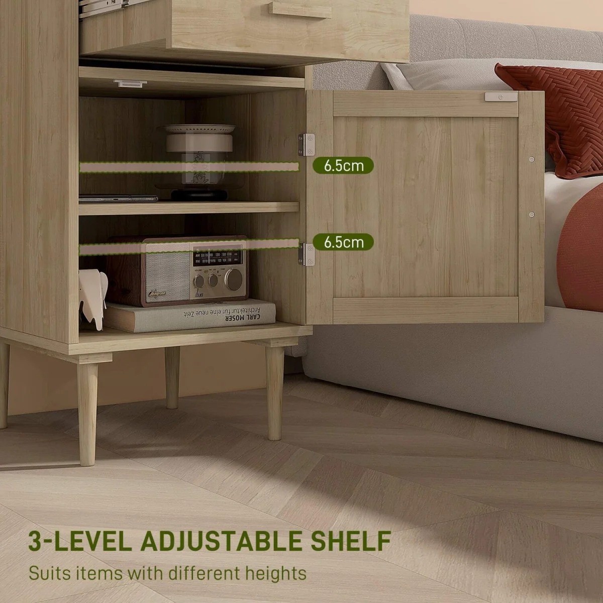 Basose Natural Wood Effect Rattan Bedside Table With Drawer And Door – image 6