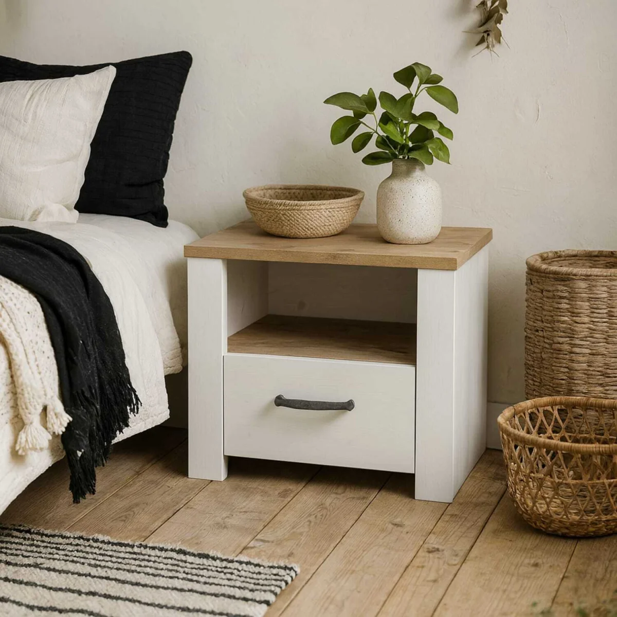 Wyld Haus Bramblecroft 1-Drawer Bedside Table in White and Natural Oak - White – image 3