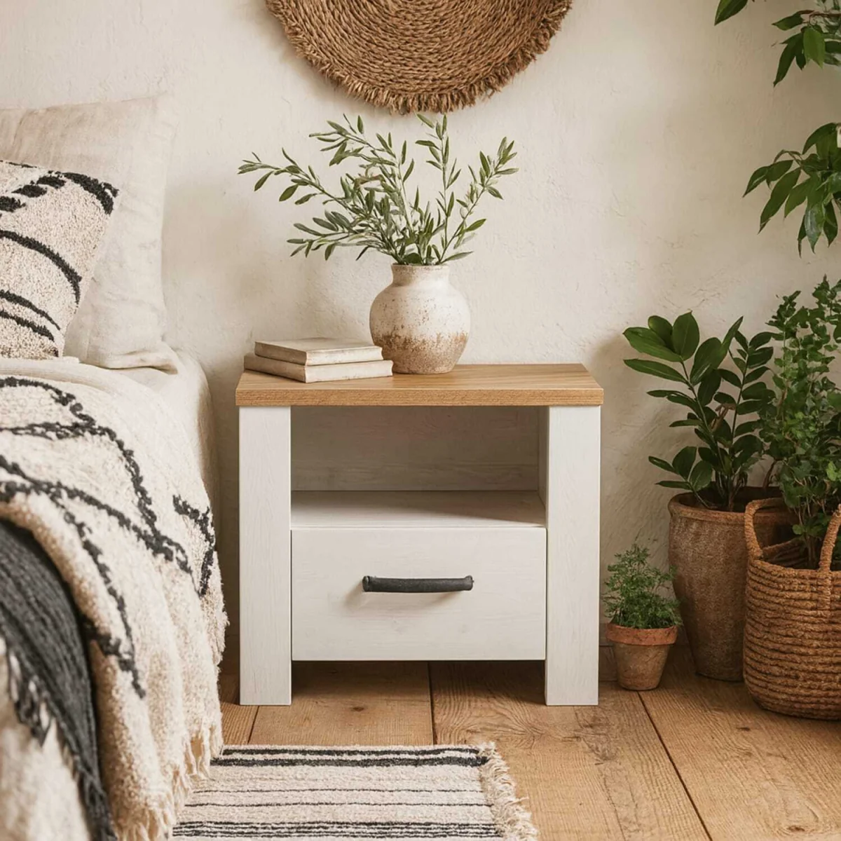 Wyld Haus Bramblecroft 1-Drawer Bedside Table in White and Natural Oak - White – image 1