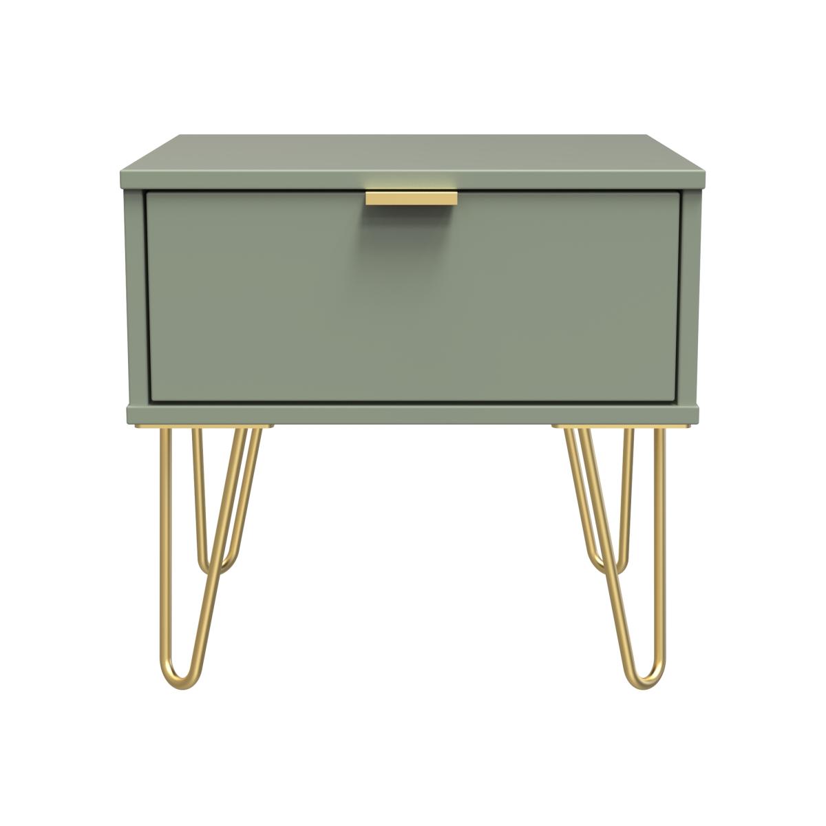 Hong Kong Ready Assembled (Gold Hairpin Legs) 1 Drawer Bedside Cabinet with Legs - Reed Green