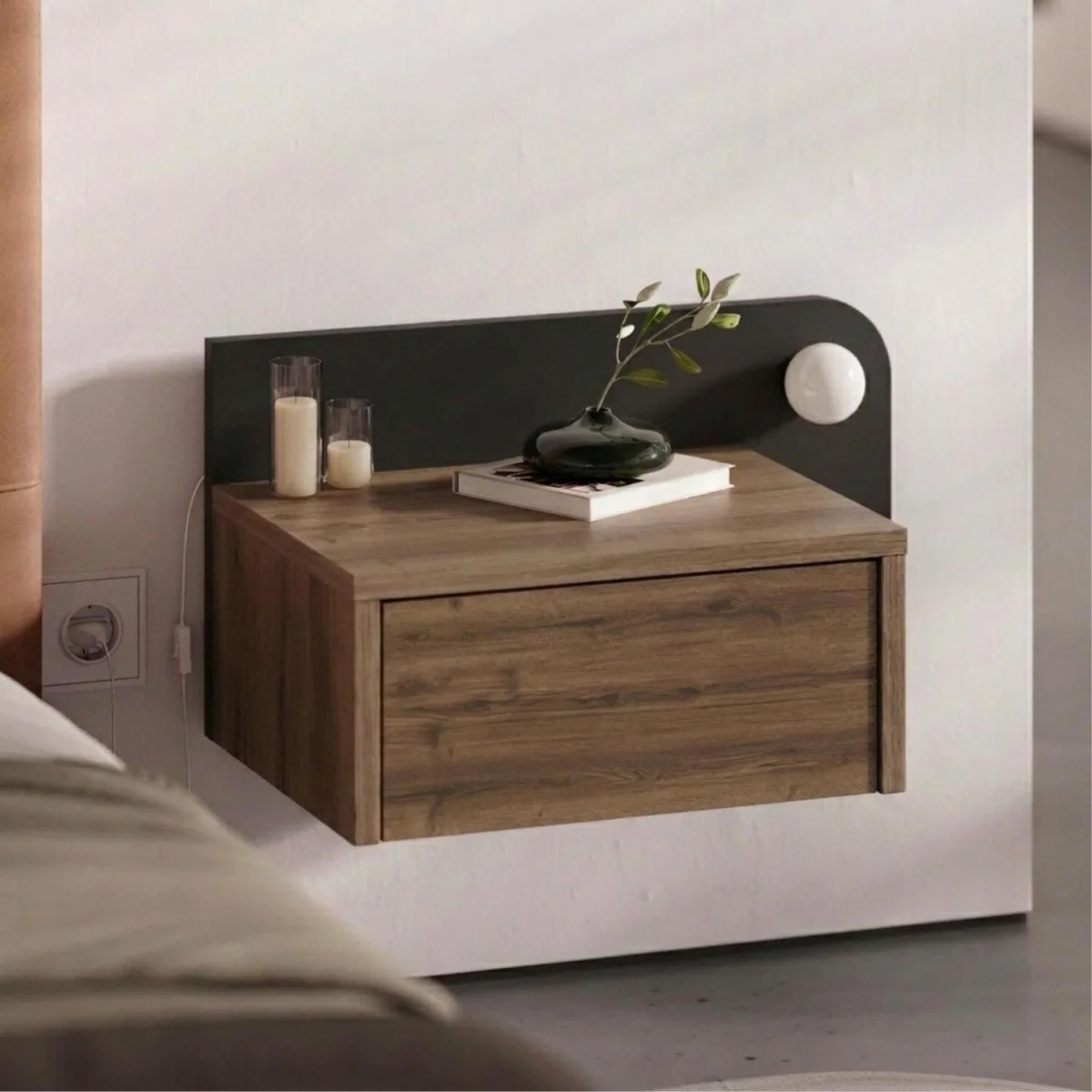 Decortie Dotta Wall Mounted Bedside Shelf With Drawer - Dark Oak Effect, Black