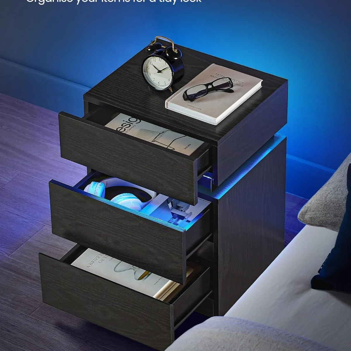 VASAGLE Bedside Table with LED Lights - Ebony Black – image 2
