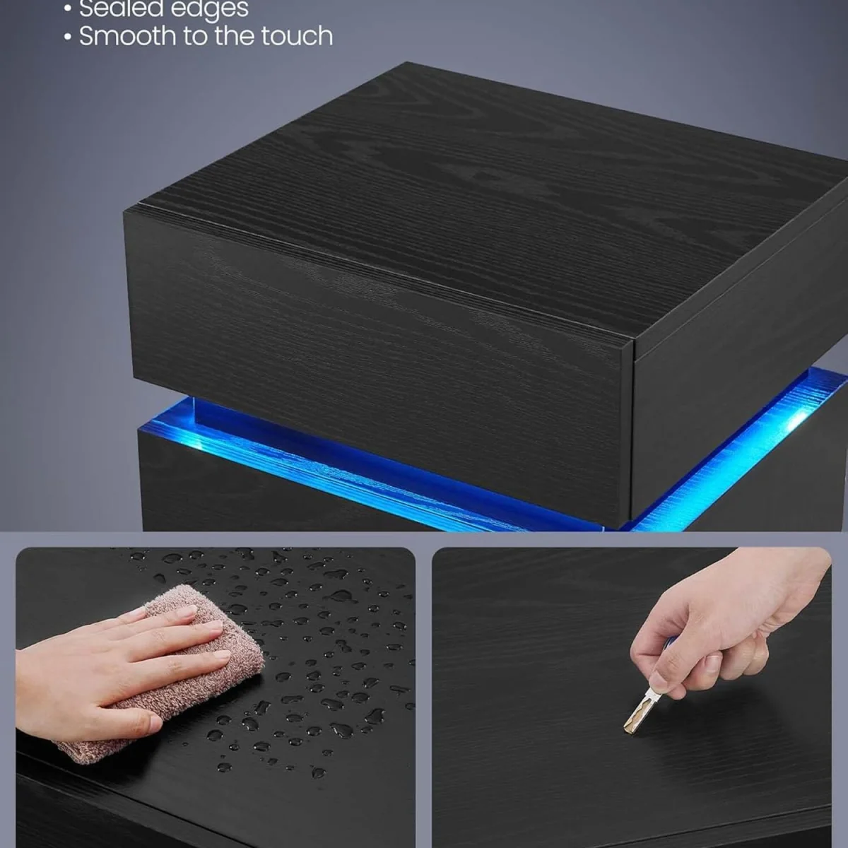 VASAGLE Bedside Table with LED Lights - Ebony Black – image 3
