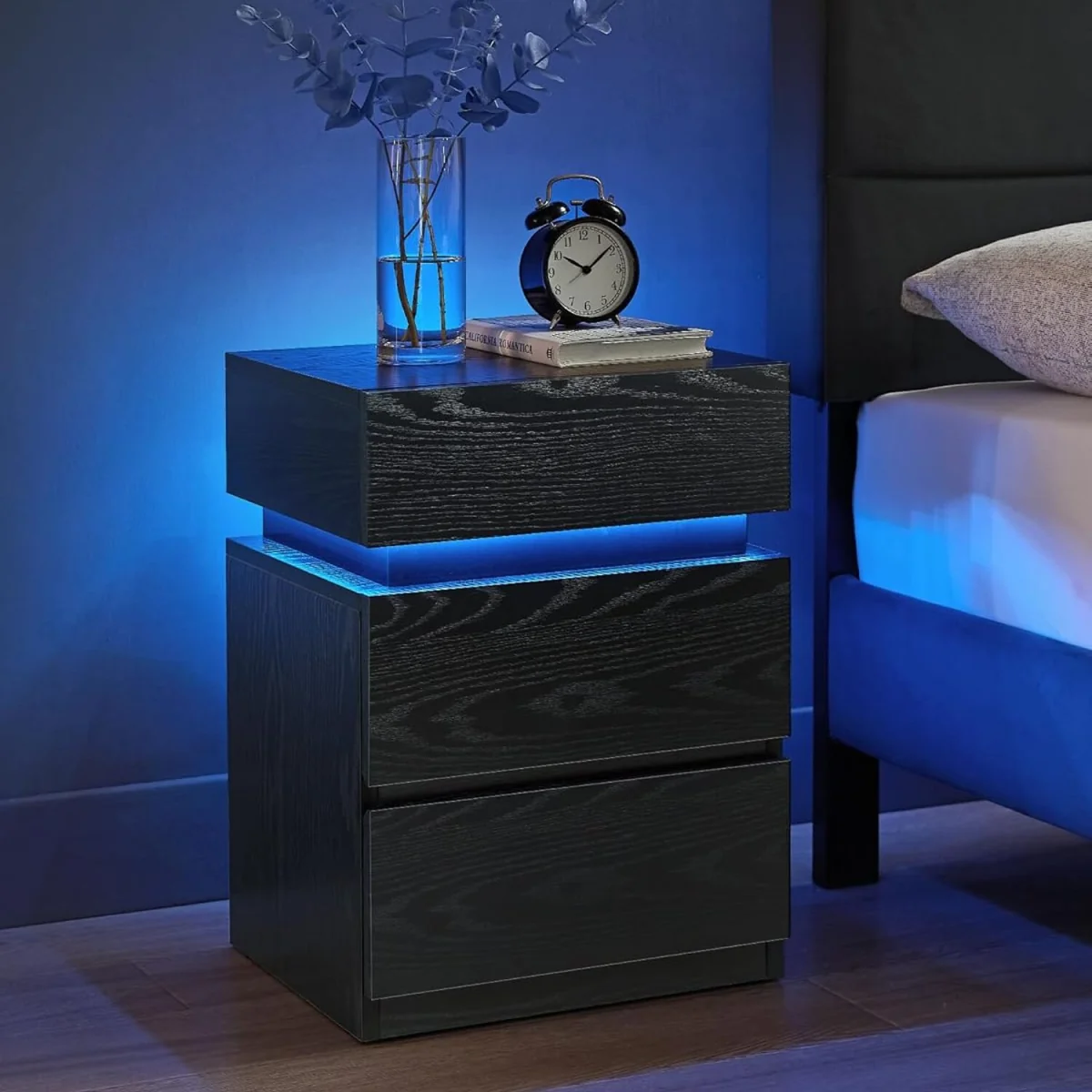 VASAGLE Bedside Table with LED Lights - Ebony Black – image 1