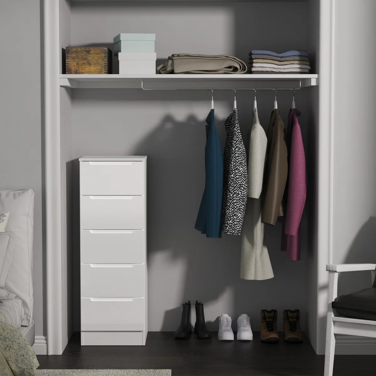 Milan Fully Assembled 5 Drawer Bedside Cabinet - White Gloss & White