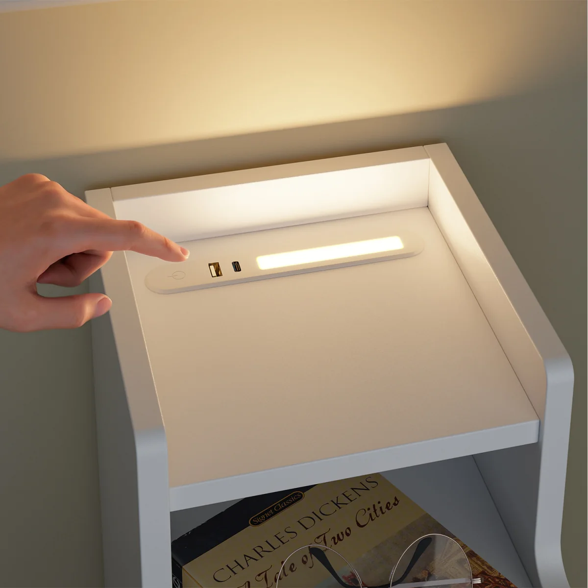 Slim Bedside Table USB Type-C Charging Dimmable Nightstand - White – image 11