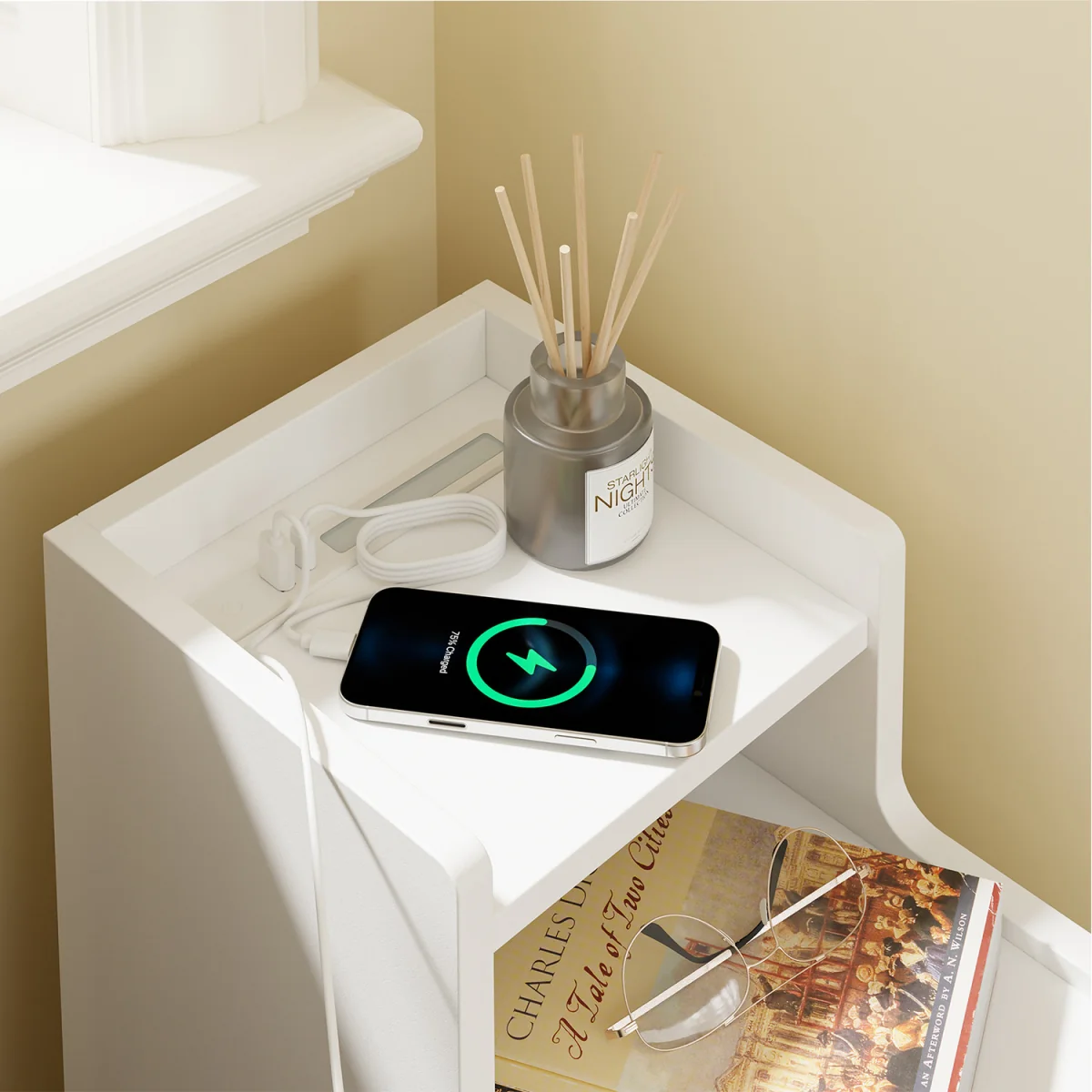 Slim Bedside Table USB Type-C Charging Dimmable Nightstand - White – image 3