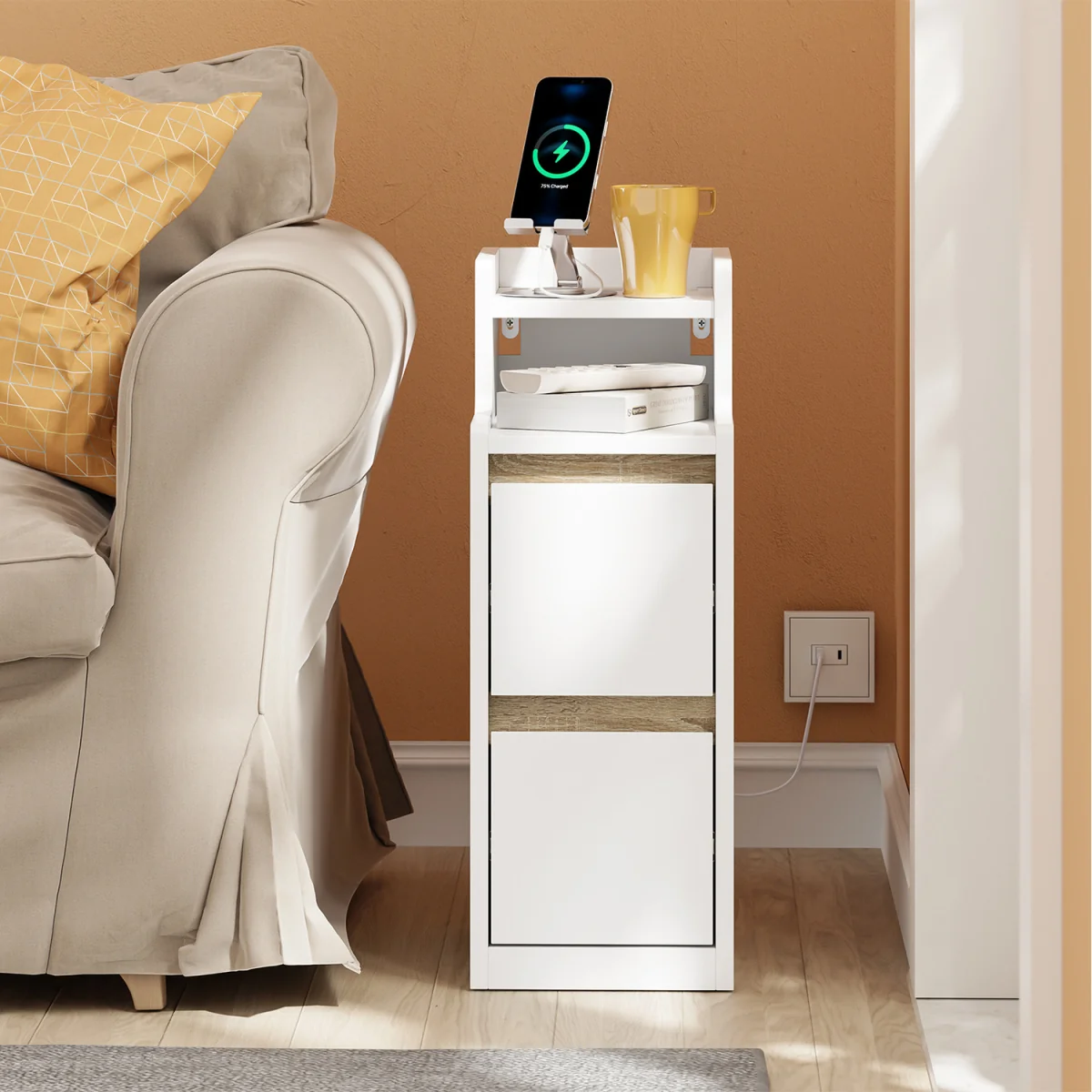 Slim Bedside Table USB Type-C Charging Dimmable Nightstand - White – image 5