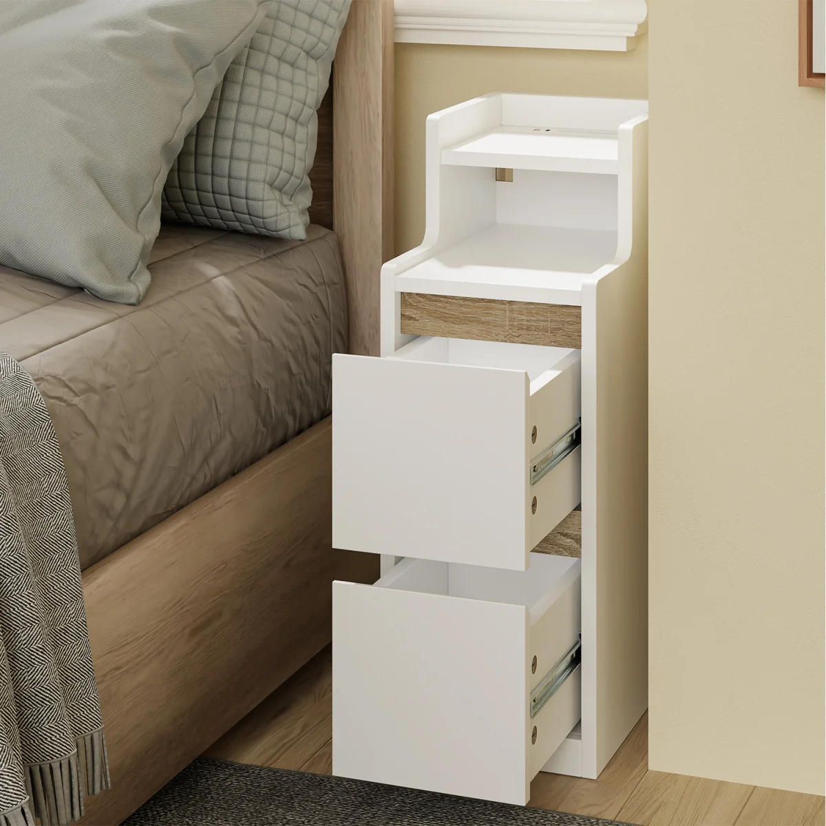 Slim Bedside Table USB Type-C Charging Dimmable Nightstand - White – image 6