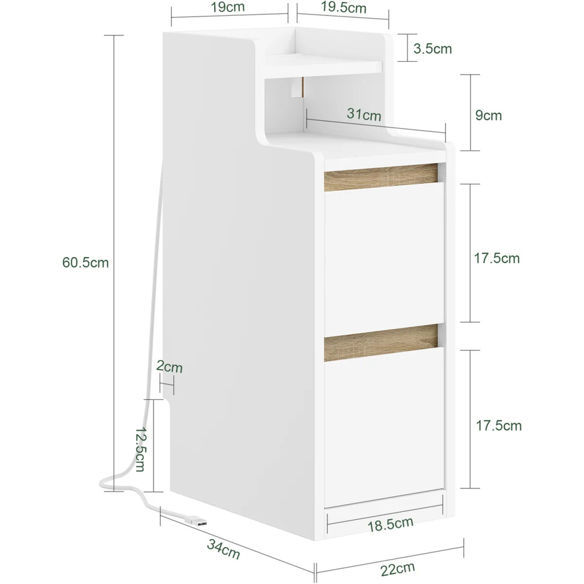 Slim Bedside Table USB Type-C Charging Dimmable Nightstand - White – image 8