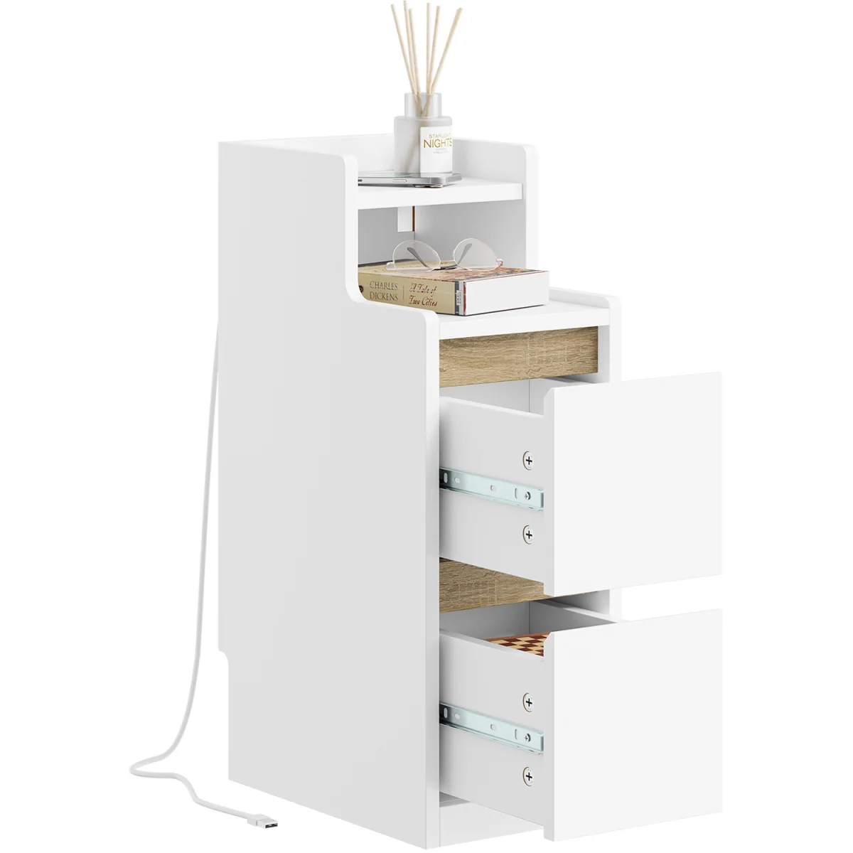 Slim Bedside Table USB Type-C Charging Dimmable Nightstand - White – image 9