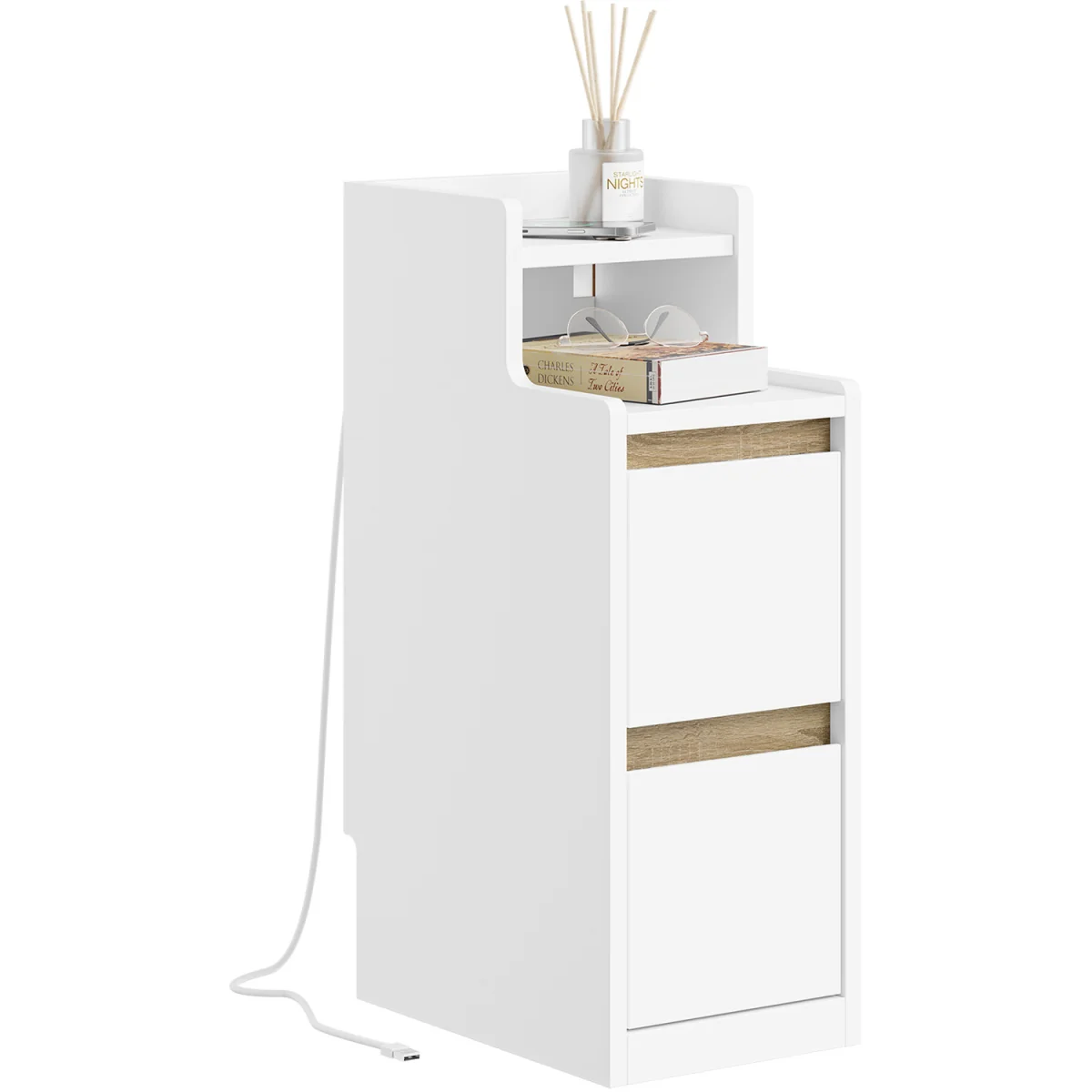 Slim Bedside Table USB Type-C Charging Dimmable Nightstand - White – image 10