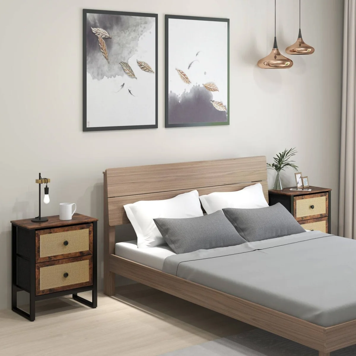 Lamilu Vesa Set of 2 Rustic Brown Industrial Bedside Tables, 2 Drawers – image 4