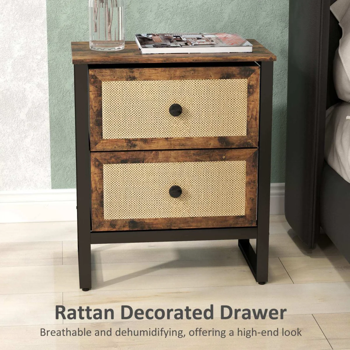 Lamilu Vesa Set of 2 Rustic Brown Industrial Bedside Tables, 2 Drawers – image 6