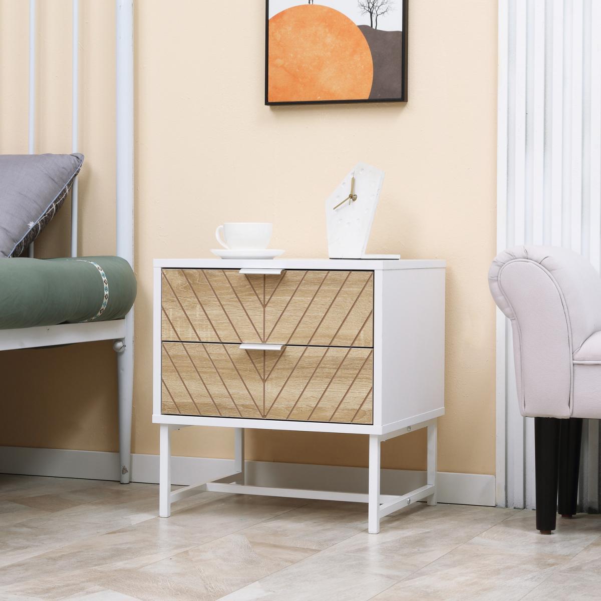Modern Bedside Table with 2 Drawers, Sofa Side Table for Bedroom - White, Oak – image 2