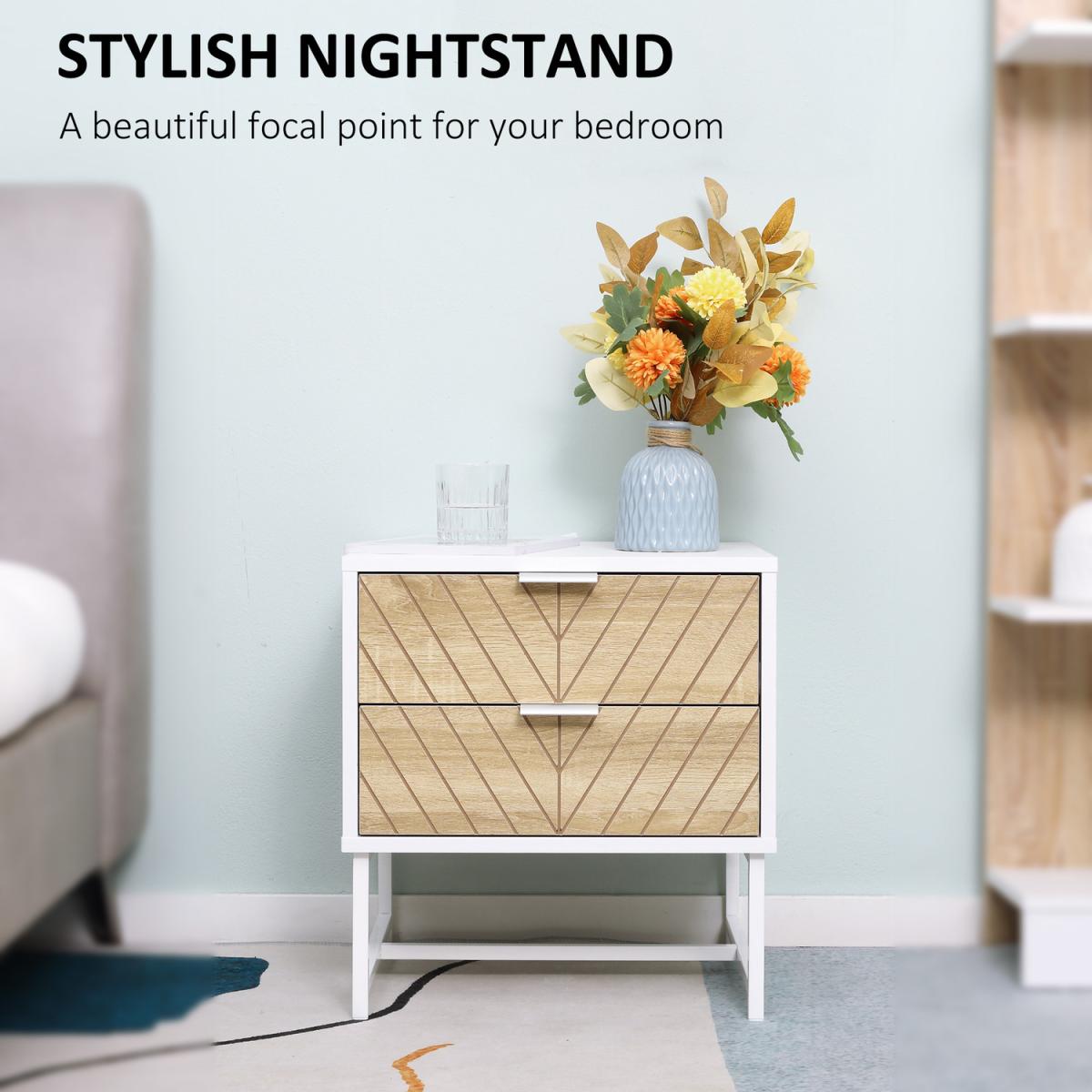 Modern Bedside Table with 2 Drawers, Sofa Side Table for Bedroom - White, Oak – image 7
