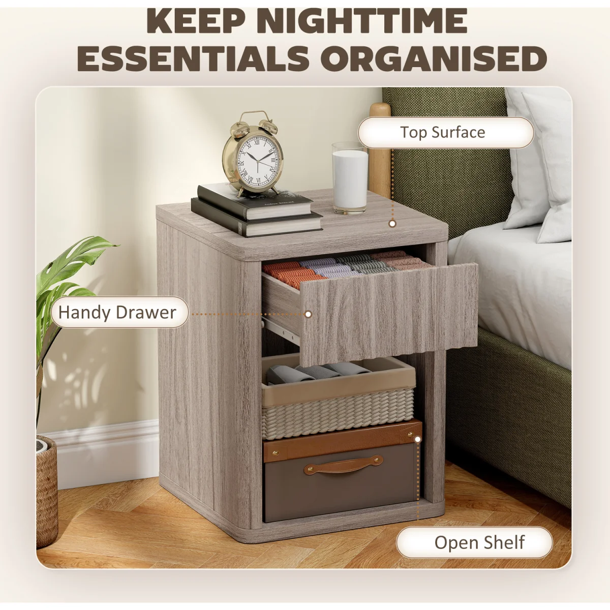 HOMCOM Modern Nightstand with Drawer and Open Shelf - Grey – image 4
