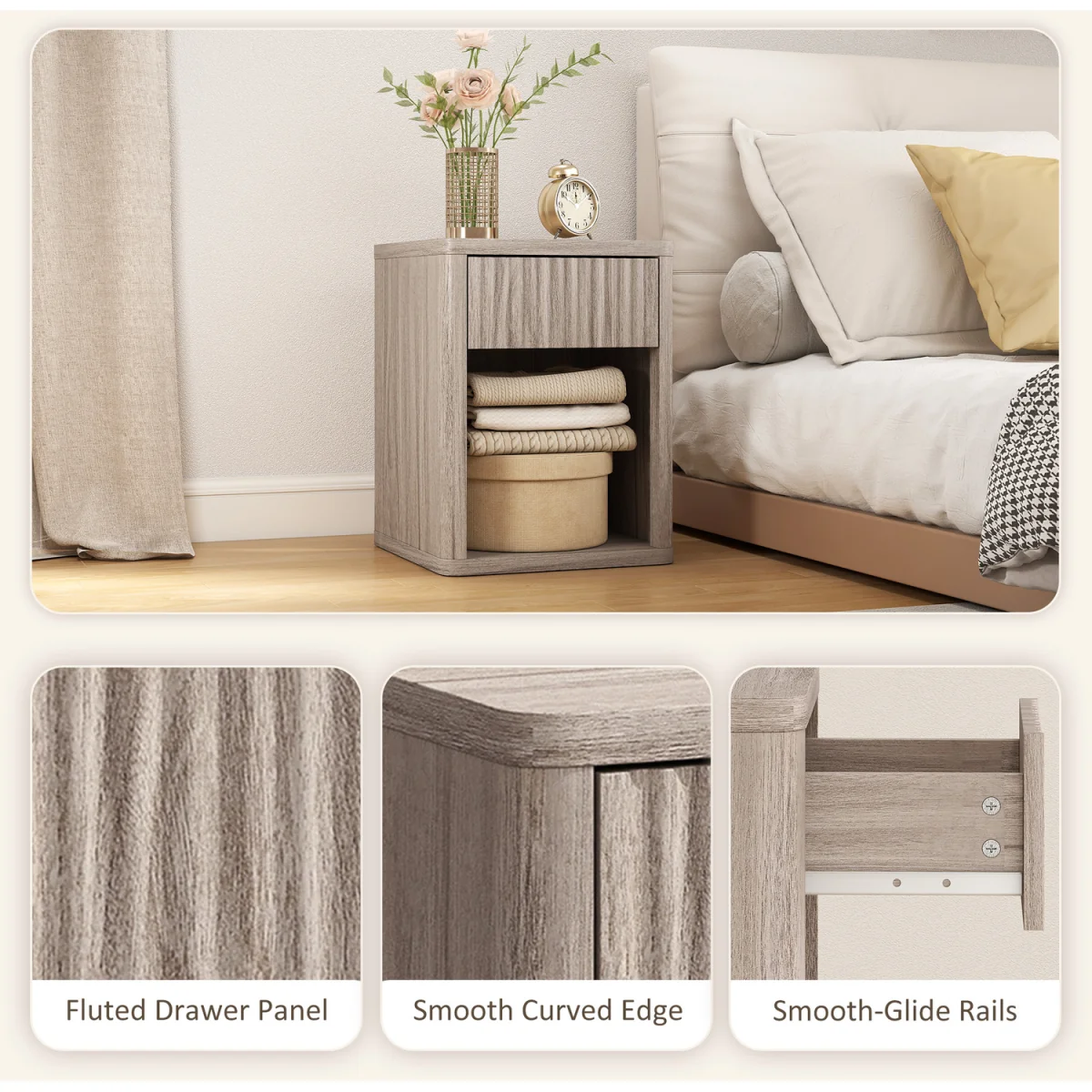 HOMCOM Modern Nightstand with Drawer and Open Shelf - Grey – image 6