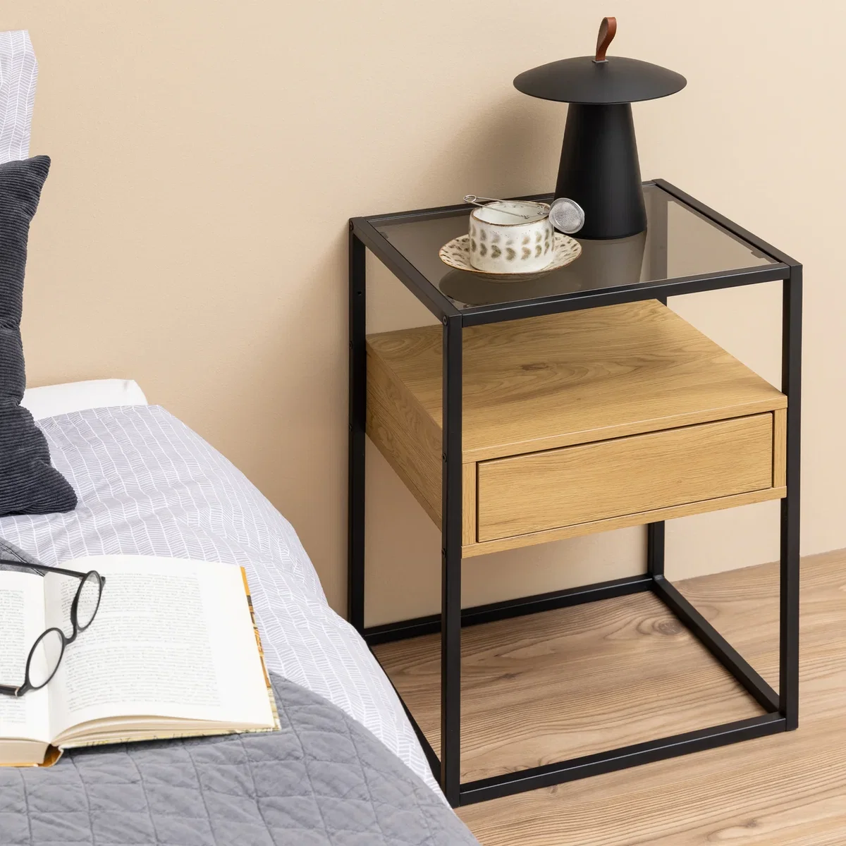 Randolf Square Bedside Table with 1 Drawer in Black and Oak - Black & Oak – image 1