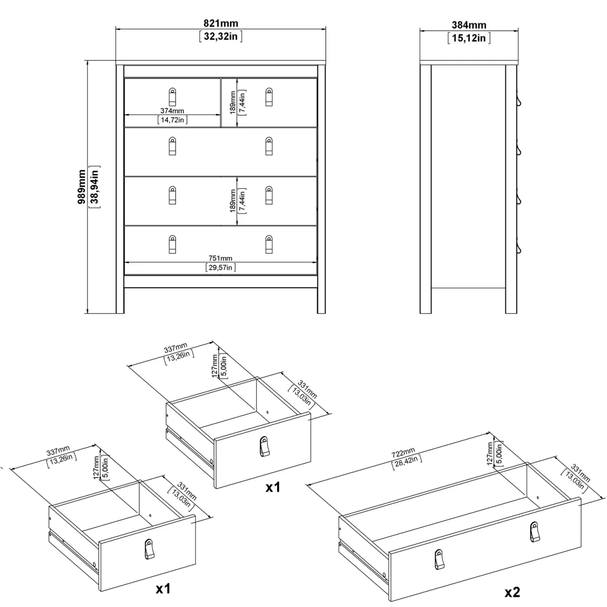 Madrid Package - Bedside Table 2 Drawers + Chest 5 Drawers + 2 Door Wardrobe in Jackson Hickory Oak - Jackson Hickory Oak – image 13