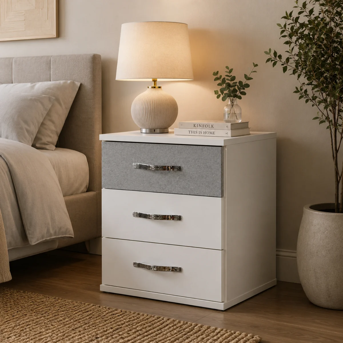 Duo Matt White and Grey 3 Drawer Bedside Cabinet - White – image 2