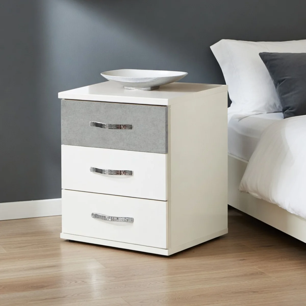 Duo Matt White and Grey 3 Drawer Bedside Cabinet - White – image 3
