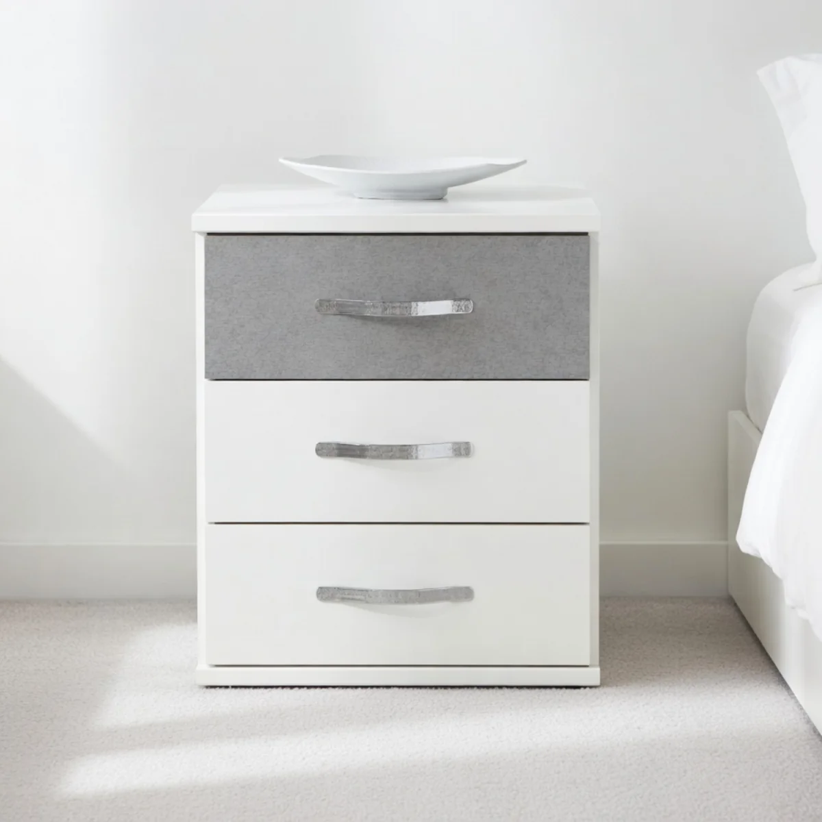 Duo Matt White and Grey 3 Drawer Bedside Cabinet - White – image 4