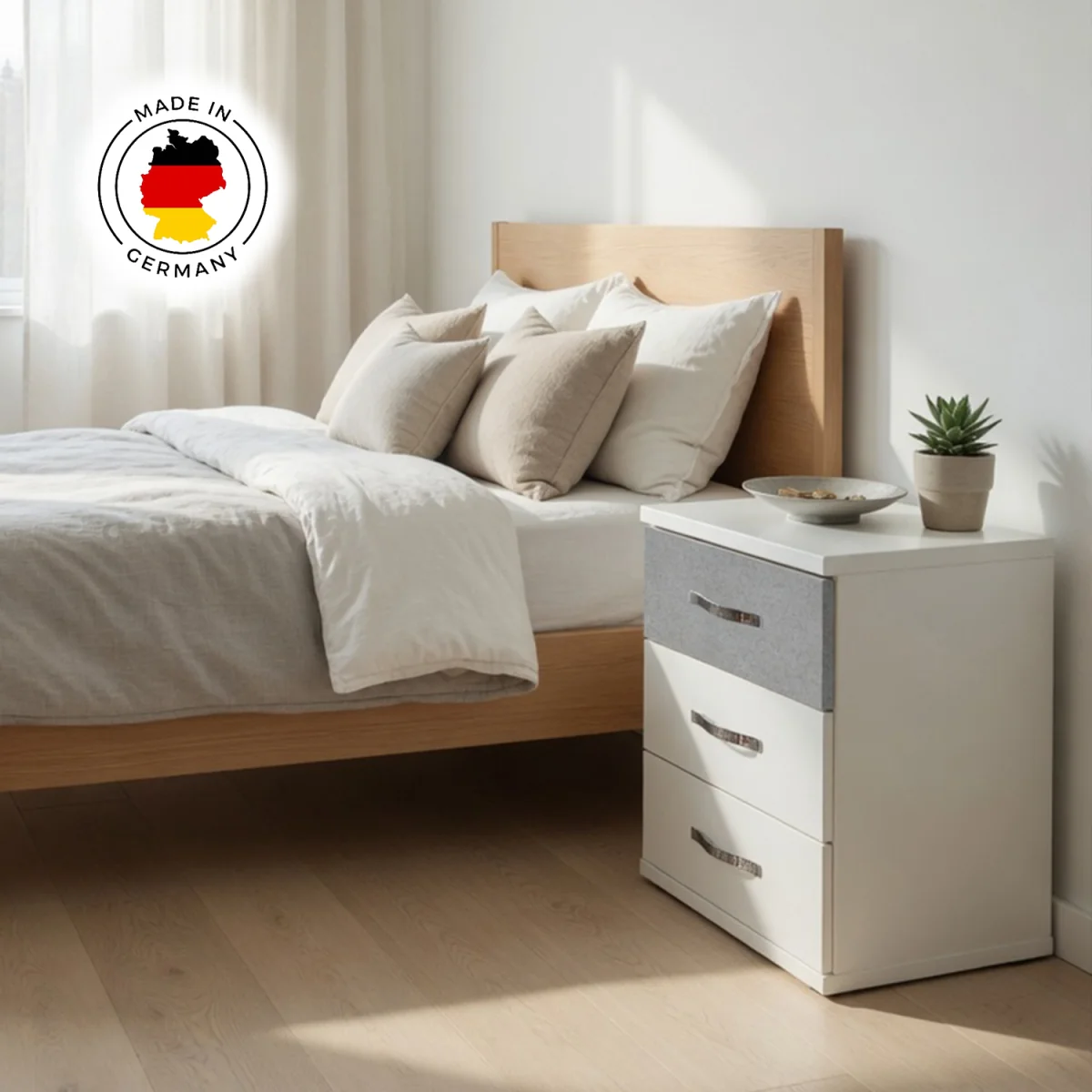 Duo Matt White and Grey 3 Drawer Bedside Cabinet - White – image 5