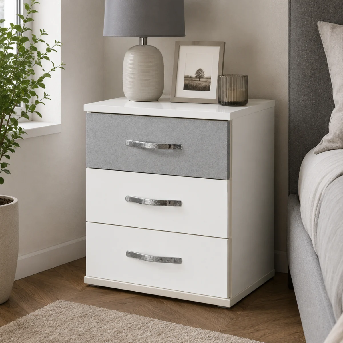 Duo Matt White and Grey 3 Drawer Bedside Cabinet - White – image 7