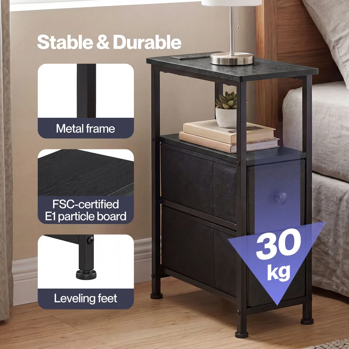 Bedside Table Narrow Side Table with LED Light Charging Station Black - Black – image 2