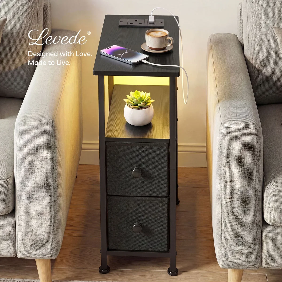 Bedside Table Narrow Side Table with LED Light Charging Station Black - Black – image 3
