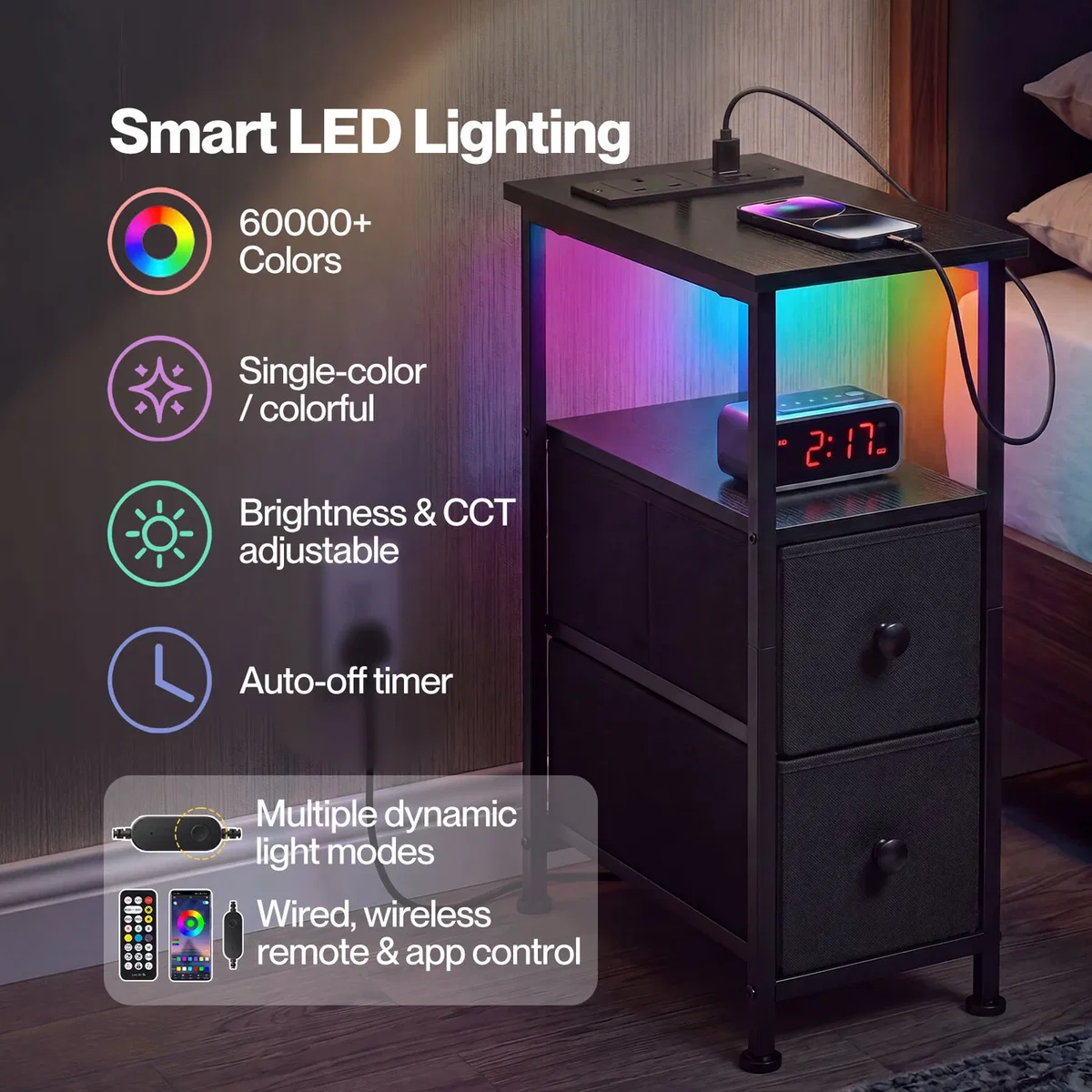 Bedside Table Narrow Side Table with LED Light Charging Station Black - Black – image 5