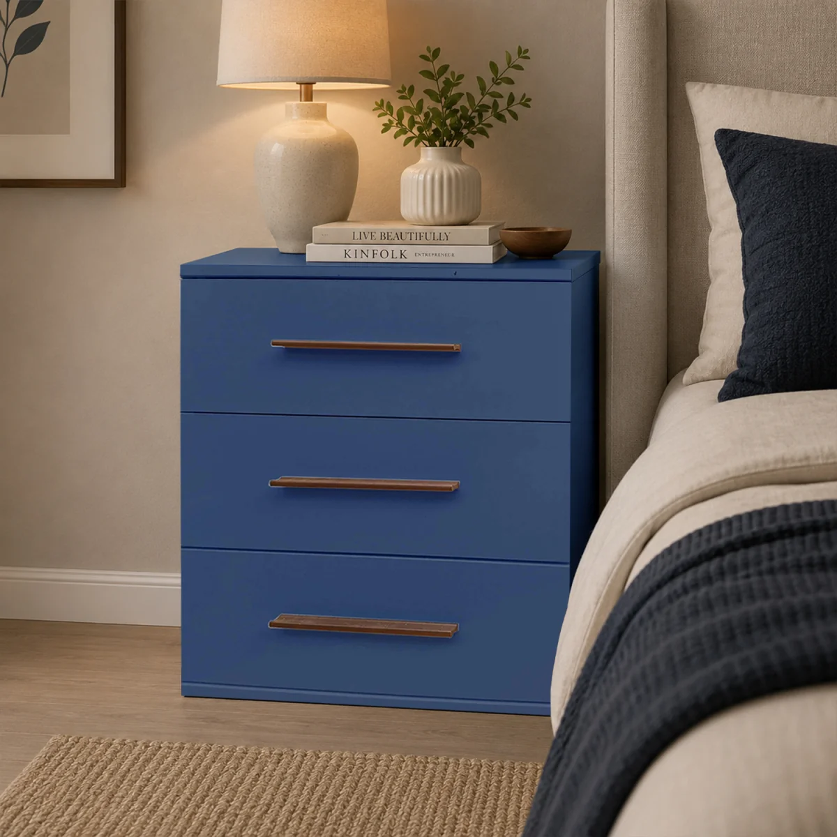 Swindon Dark Blue 3 Drawer Bedside Cabinet - Blue – image 2