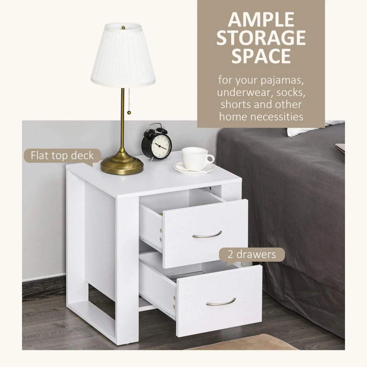 Zivika Momo Set of 2 White Bedside Tables, 2 Drawers, Silver Handles – image 5