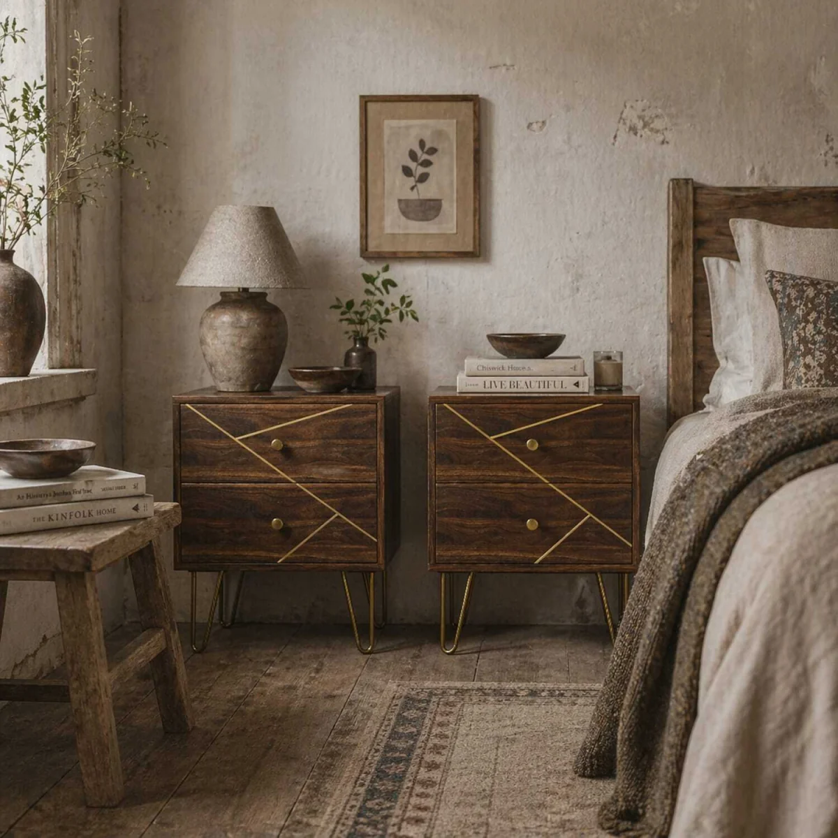 Vasare Soel Set of 2 Brown Wood Grain Bedside Tables with Gold-Tone Detailing and Hairpin Legs – image 2