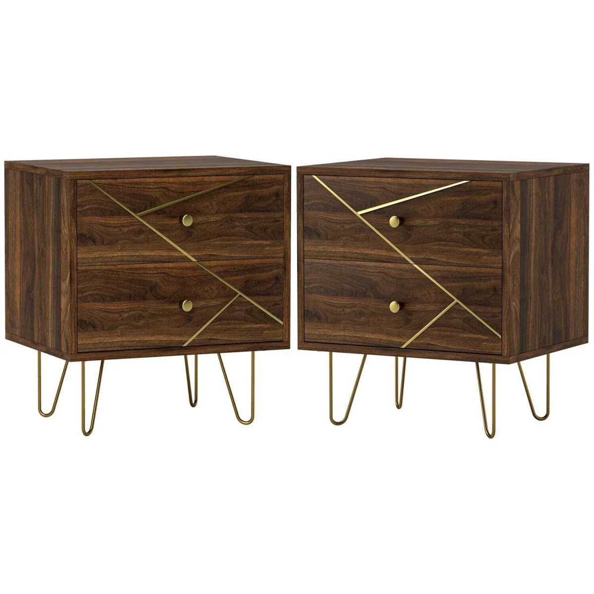 Vasare Soel Set of 2 Brown Wood Grain Bedside Tables with Gold-Tone Detailing and Hairpin Legs – image 3
