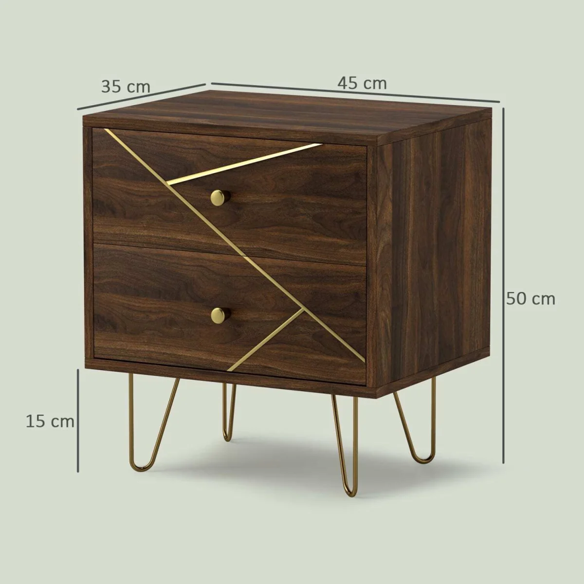 Vasare Soel Set of 2 Brown Wood Grain Bedside Tables with Gold-Tone Detailing and Hairpin Legs – image 4