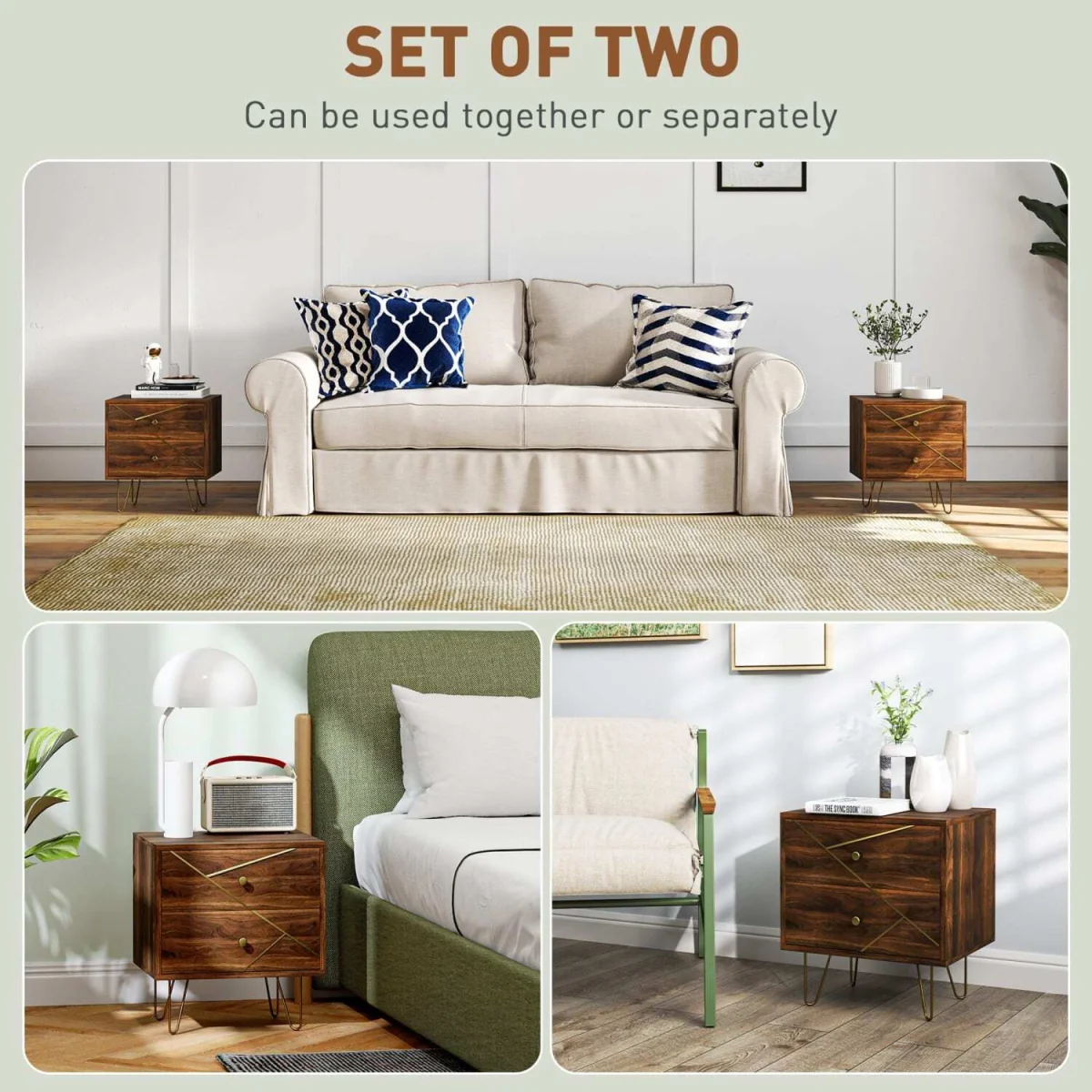Vasare Soel Set of 2 Brown Wood Grain Bedside Tables with Gold-Tone Detailing and Hairpin Legs – image 5