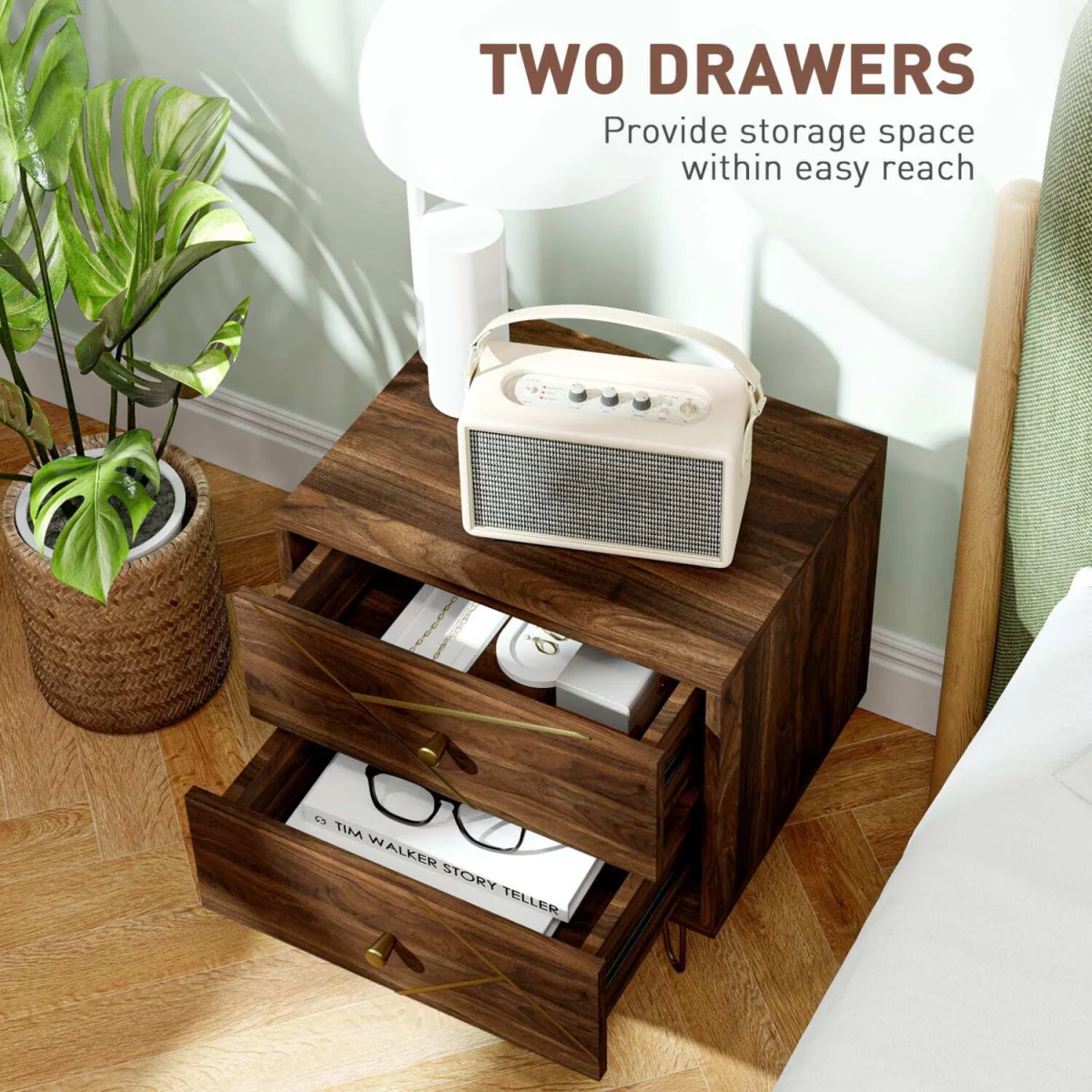 Vasare Soel Set of 2 Brown Wood Grain Bedside Tables with Gold-Tone Detailing and Hairpin Legs – image 6