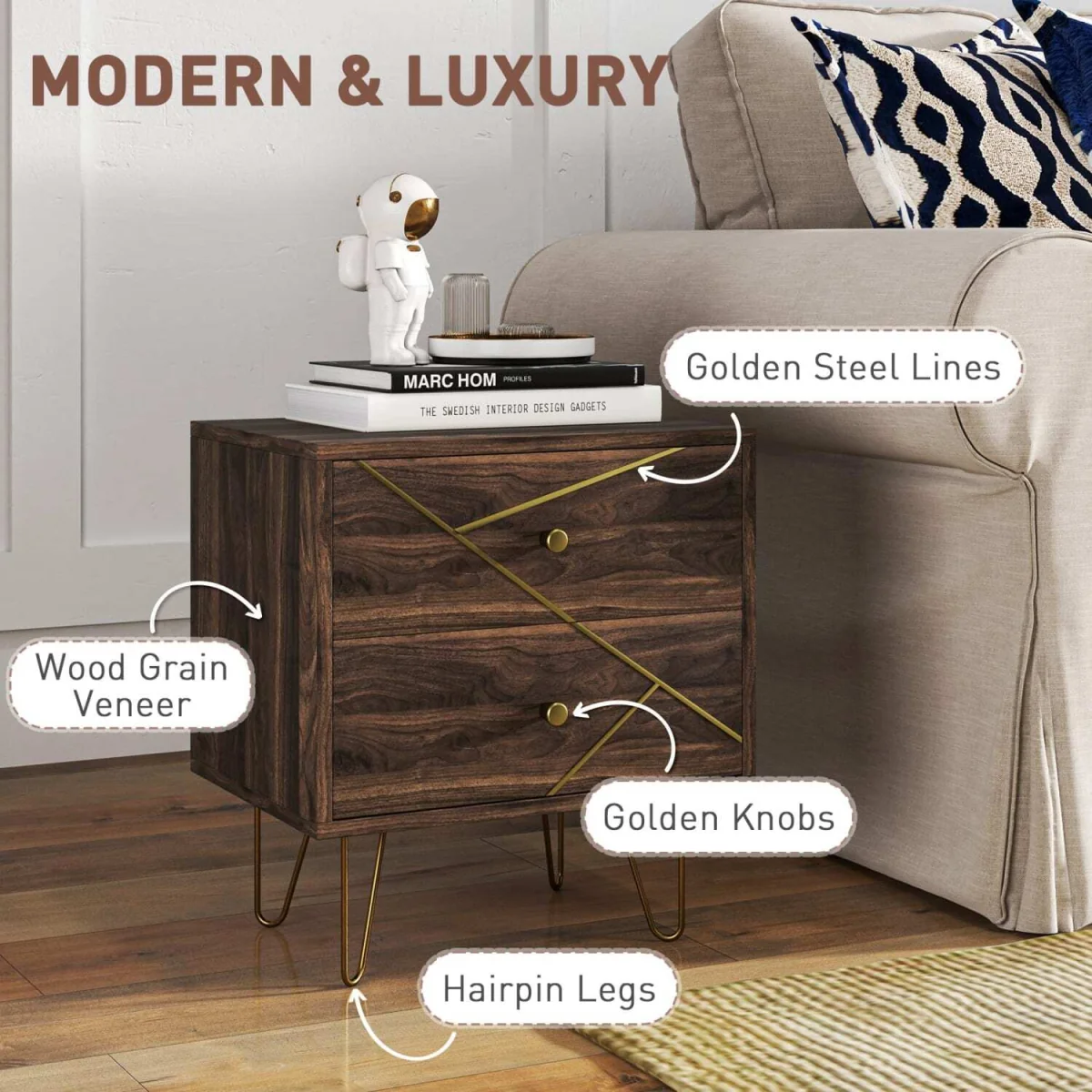 Vasare Soel Set of 2 Brown Wood Grain Bedside Tables with Gold-Tone Detailing and Hairpin Legs – image 7