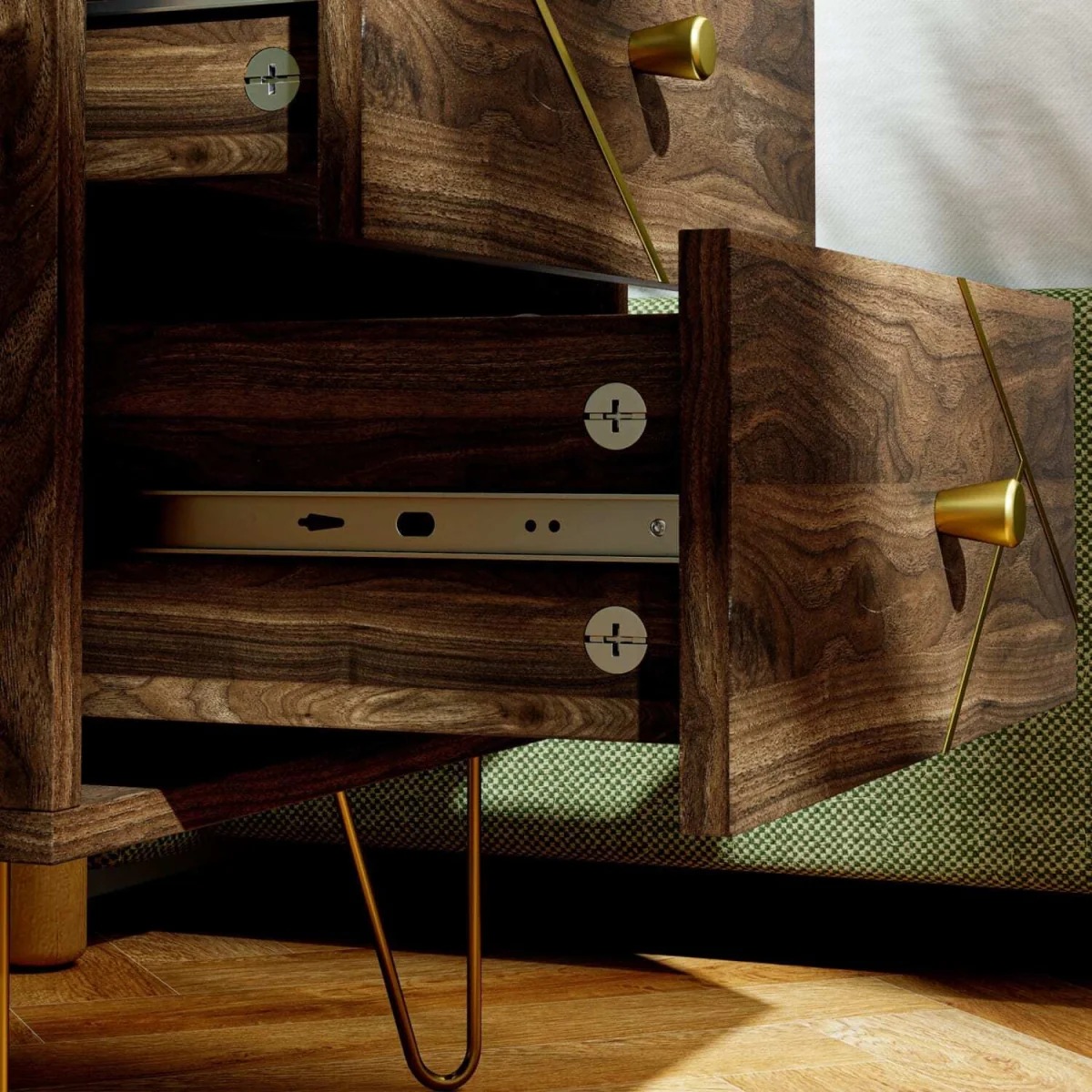Vasare Soel Set of 2 Brown Wood Grain Bedside Tables with Gold-Tone Detailing and Hairpin Legs – image 8