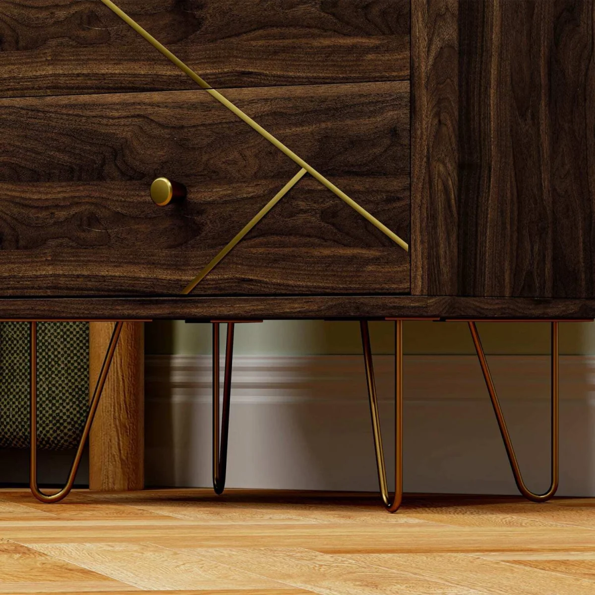 Vasare Soel Set of 2 Brown Wood Grain Bedside Tables with Gold-Tone Detailing and Hairpin Legs – image 1