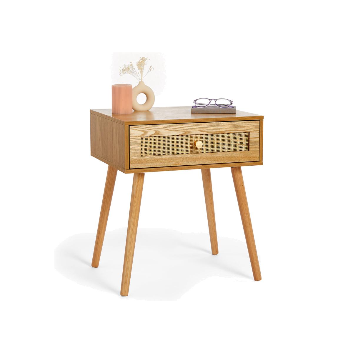 Bedside Table with Rattan Fronted Storage Drawer - Natural