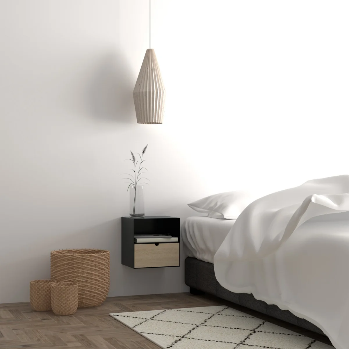 Joliet 1 Drawer Wallmounted Bedside Table in Black & Bamboo - Black & Bamboo – image 6